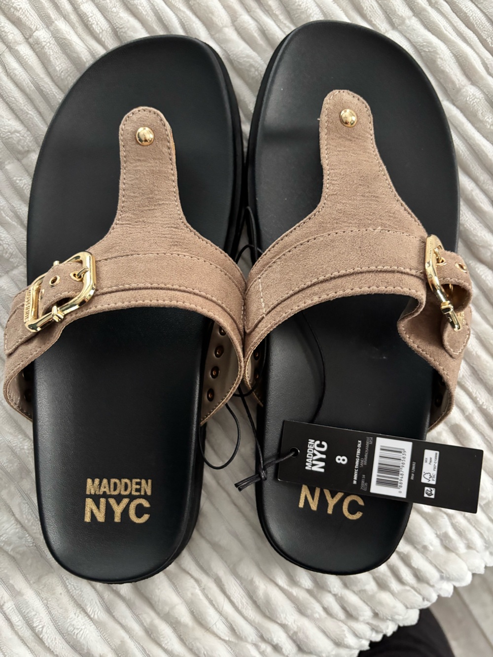 Madden NYC Women's Taupe Suede Slide Sandals with Gold Buckles